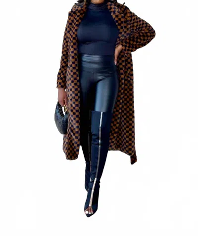 Privy Come See Me Faux Fur Checkered Coat In Camel In Black