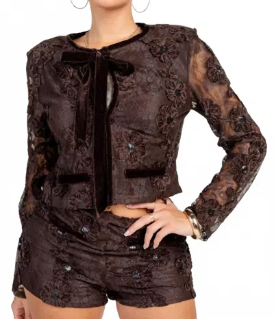 Privy Eden Floral Lace Jacket & Short Set In Brown