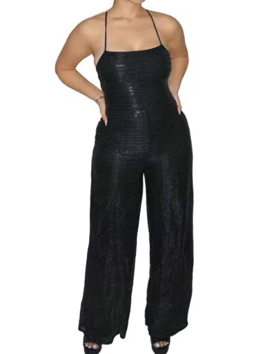 Privy Glam Sequins Drawstring Lace Back Jumpsuit In Black