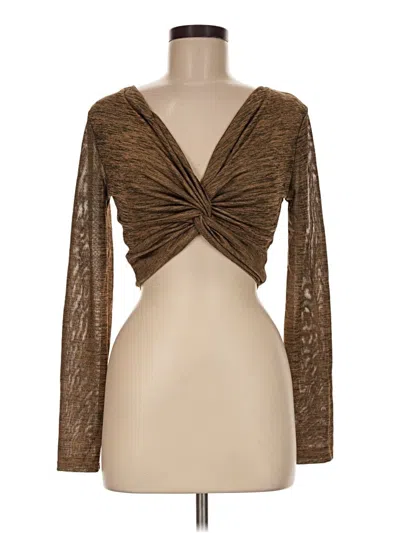 Pre-owned Privy Long Sleeve Top Brown Plunge Neckline Tops