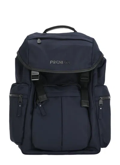 Prmt Structured Nylon Backpack With Leather Accents And Multiple Compartments In Blue