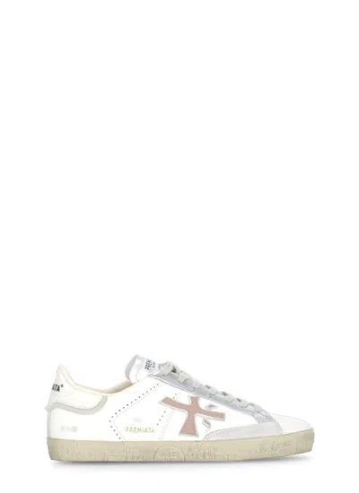 Prmt White Leather Sneakers In Red