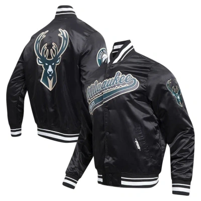 Pro Standard Black Milwaukee Bucks Script Tail Full-snap Satin Varsity Jacket