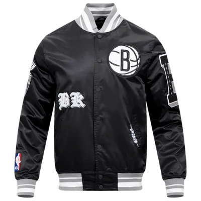 Pro Standard Mens Brooklyn Nets Old English Rib Satin Jacket In Black/gray