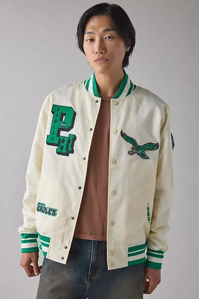 Pro Standard Nfl Philadelphia Eagles Satin Varsity Jacket In Ivory, Men's At Urban Outfitters In White