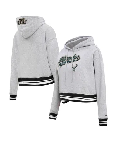 PRO STANDARD WOMEN'S PRO STANDARD HEATHER GRAY MILWAUKEE BUCKS SCRIPT TAIL CROPPED PULLOVER HOODIE