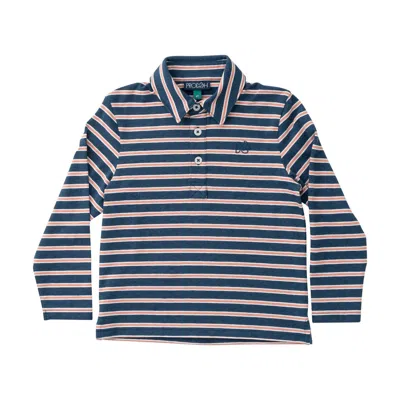 Prodoh Kids' Boy's Long Sleeve Too Cool For School Polo In Dark Denim Faded Orange Stripe In Multi