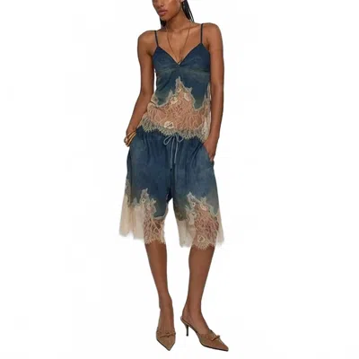 Productseeker Lace Suspender Top & Shorts Set In Denim In Blue