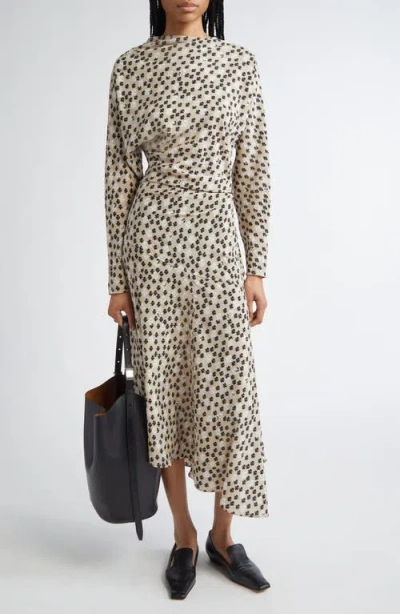 Proenza Schouler Alina Floral Long Sleeve Asymmetric A-line Dress In Sand Multi