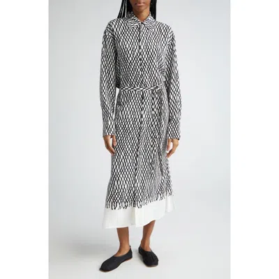 Proenza Schouler Bailey Net Print Long Sleeve Crepe Midi Shirtdress In Off White Multi