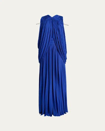 Proenza Schouler Bari Draped Gabardine Sleeveless Gown In Blue