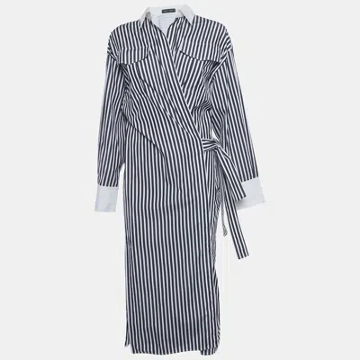 Pre-owned Proenza Schouler Black / White Striped Cotton Cut -out Wrap Around Shirt Dress M