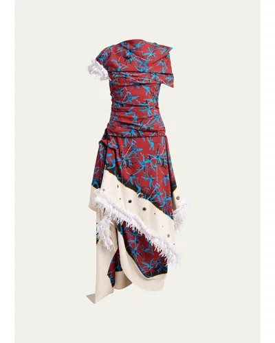 Proenza Schouler Bodine Asymmetric Draped Grommet Fringe High-low Dress In Madder Multi