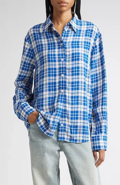 Proenza Schouler Bronwen Plaid Hammered Viscose Button-up Shirt In Blue