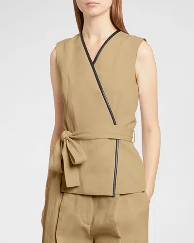 Proenza Schouler Elliot Leather-piping Belted Cotton-linen Sleeveless Wrap Top In Hazelnut