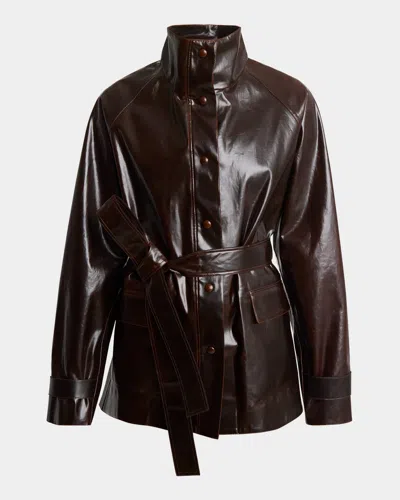 Proenza Schouler Finch Belted Lacquered Cotton Raincoat In Dark Brownblack