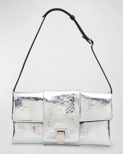 Proenza Schouler Flap Crinkled Metallic Leather Shoulder Bag In Silver