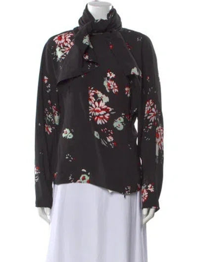 Pre-owned Proenza Schouler Floral Print Tie Neck Blouse In Gray