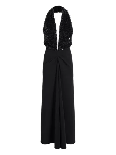 Proenza Schouler Moira Embroidered Compact Crepe Plunge-neck Dress In Black