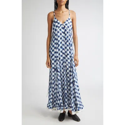 Proenza Schouler June Abstract Gingham Crêpe De Chine Maxi Dress In Blue