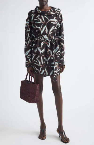 Proenza Schouler Lalia Floral Long Sleeve Linen & Silk Matelassé Shirtdress In Brown