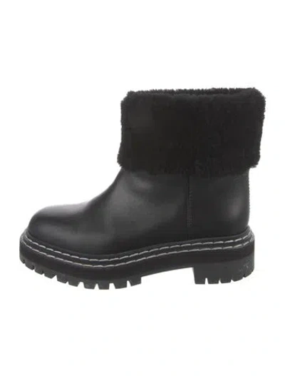 Pre-owned Proenza Schouler Leather Faux Fur Trim Rain Boots In Black