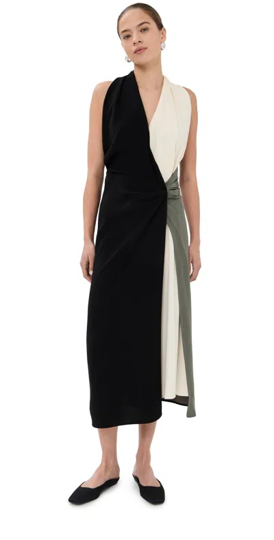Proenza Schouler Elsa Ruched Color-block Crepe Midi Dress In Black