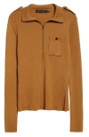 Proenza Schouler Norah Half Zip Rib Top In Dark Camel