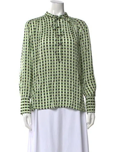 Pre-owned Proenza Schouler Plaid Print Tie Neck Blouse In Green
