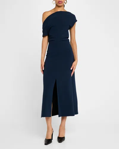 Proenza Schouler Rosa Off-shoulder Matte Crepe Midi Dress In Navy