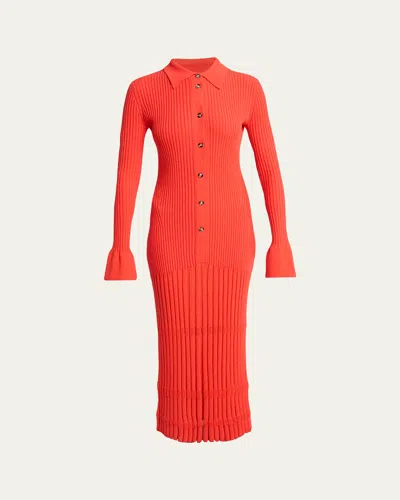 Proenza Schouler Rosario Long-sleeve Merino Wool Pleated Knit Midi Polo Dress In Red