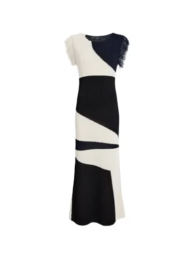 Proenza Schouler Saskia Colorblock Intarsia Textured Fringe Midi Sweater Dress In Multi
