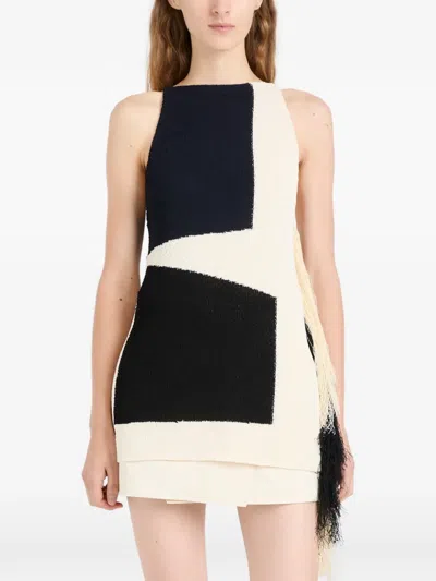 Proenza Schouler Saskia Fringe-trimmed Intarsia-knit Top In Black