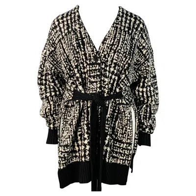 Pre-owned Proenza Schouler Size L Black White Wool Geometric Knit V-neck Tie Coat
