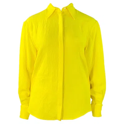 Pre-owned Proenza Schouler Size L Neon Yellow Wrinkled Acetate Hidden Placket Long Sleeve Shirt