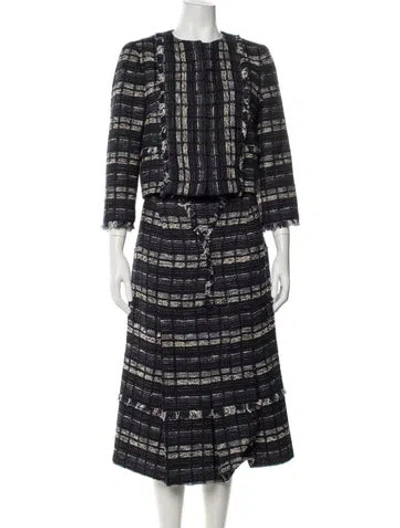 Pre-owned Proenza Schouler Tweed Pattern Fringe Trim Accent Skirt Suit In Blue