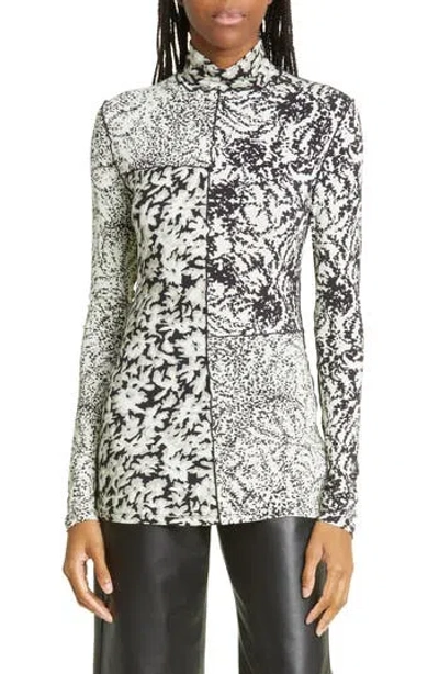 Proenza Schouler White Label Floral Patchwork Jersey Turtleneck In Pearl/black
