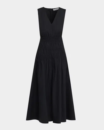 Proenza Schouler White Label Loren Sleeveless Ruched Waist Cotton Midi Dress In Black