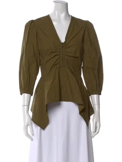 Pre-owned Proenza Schouler White Label Plaid Print V-neck Blouse W/ Tags In Green