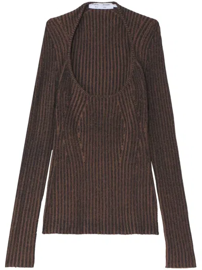Proenza Schouler White Label Plaited Rib Long Sleeve Knit Top In Black/dark Brown