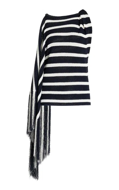 Proenza Schouler Yves Stripe Fringed Cotton Knit Top In Navy