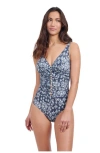 Profile By Gottex Flores D Cup V Neck One Piece In Jeans & White