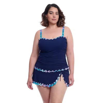 PROFILE BY GOTTEX HARMONY FULL FIGURE NAVY RUFFLE TRIM WOMEN'S TANKINI SWIM TOP