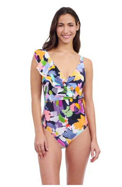 Profile By Gottex Holi Ruffle V Neck Surplice Tie Knot One Piece In Multi