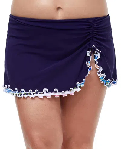 Profile By Gottex Plus Size Side Slit Cinch Swim Skirt In Spritz Navy In Blue