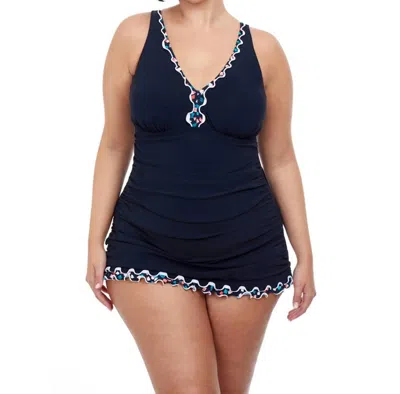 Profile By Gottex Plus Size V-neck Swimdress In Gin Fizz Black In Navy