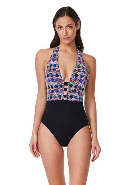 Profile By Gottex Retro Riviera Halter Netted Crochet One Piece In Multi