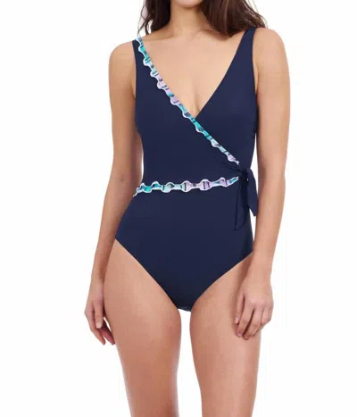 Profile By Gottex Standard Harmony Striped Print Ruffle Trim Halter Tankini Bathing Suit In Blue