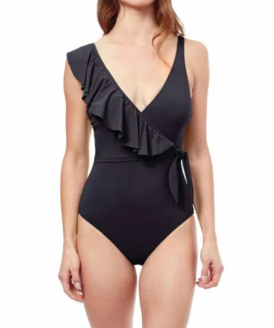 Profile By Gottex Standard V-neck Shoulder Ruffle One Piece In Black In Blue