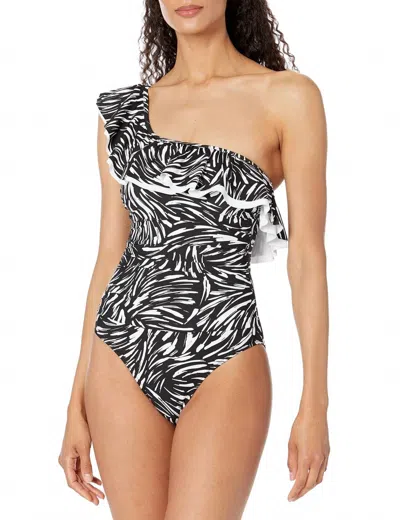 Profile By Gottex Swan One Shoulder Ruffle One Piece Swimsuit In Black/white In Multi